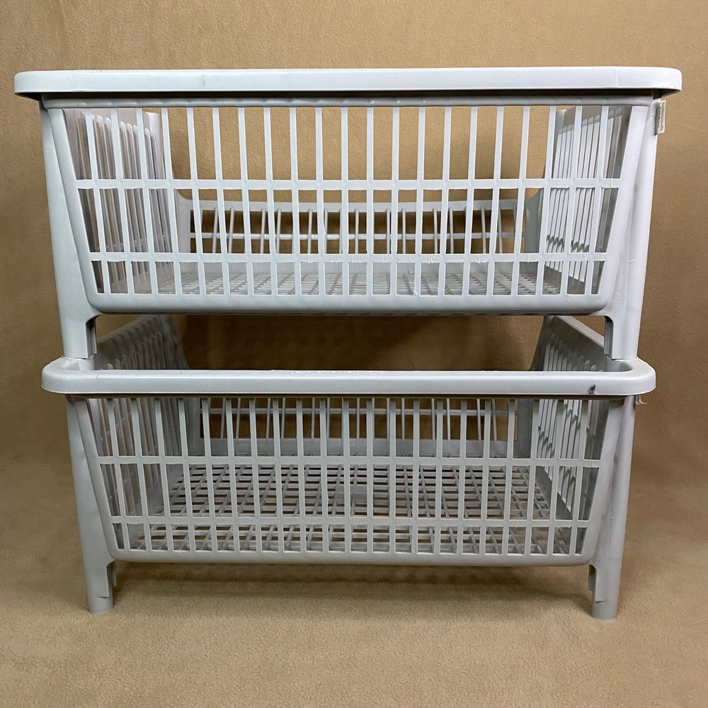 The Container Store Stackable Storage Baskets Gray Plastic 2‎ Tier Organizer GUC - Picture 3 of 4